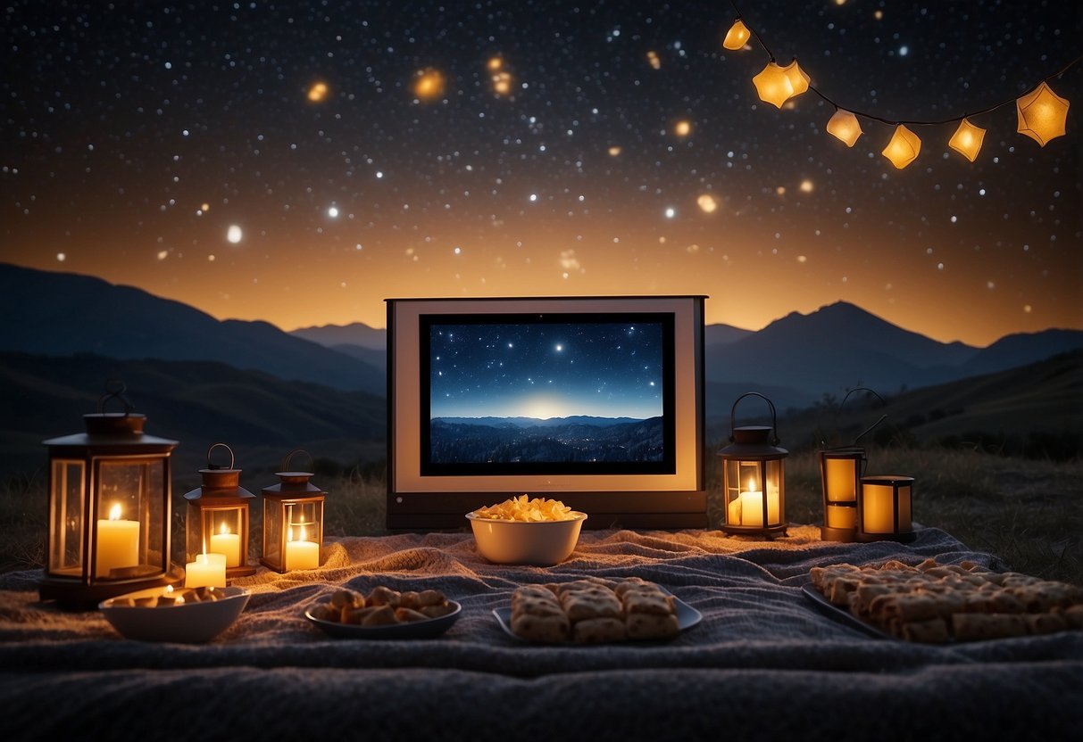 A cozy blanket spread out under a starry sky, surrounded by flickering lanterns and a spread of delicious snacks and drinks. A projector screen is set up, ready to play a classic movie under the open night sky