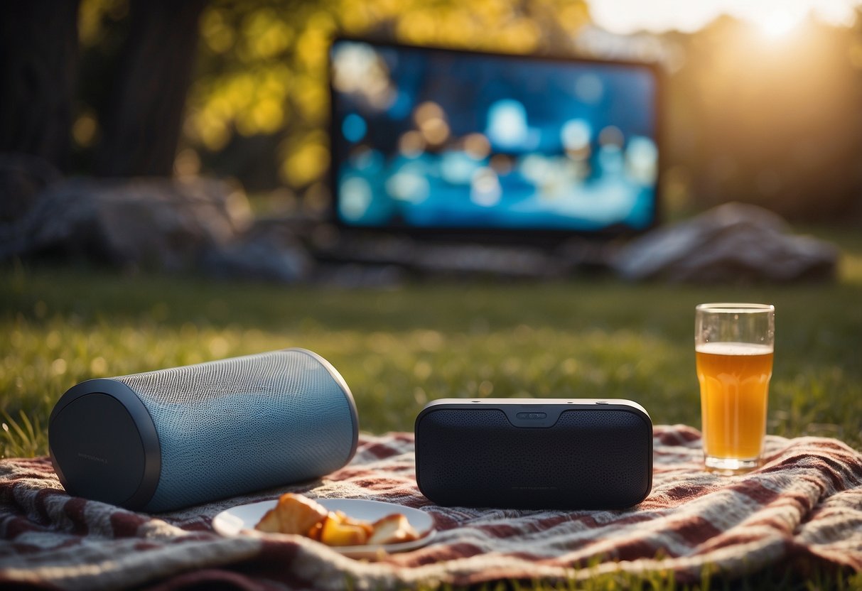 A portable Bluetooth speaker sits on a picnic blanket surrounded by snacks, drinks, and a cozy blanket. The setting is outdoors, with a movie projected onto a screen or wall