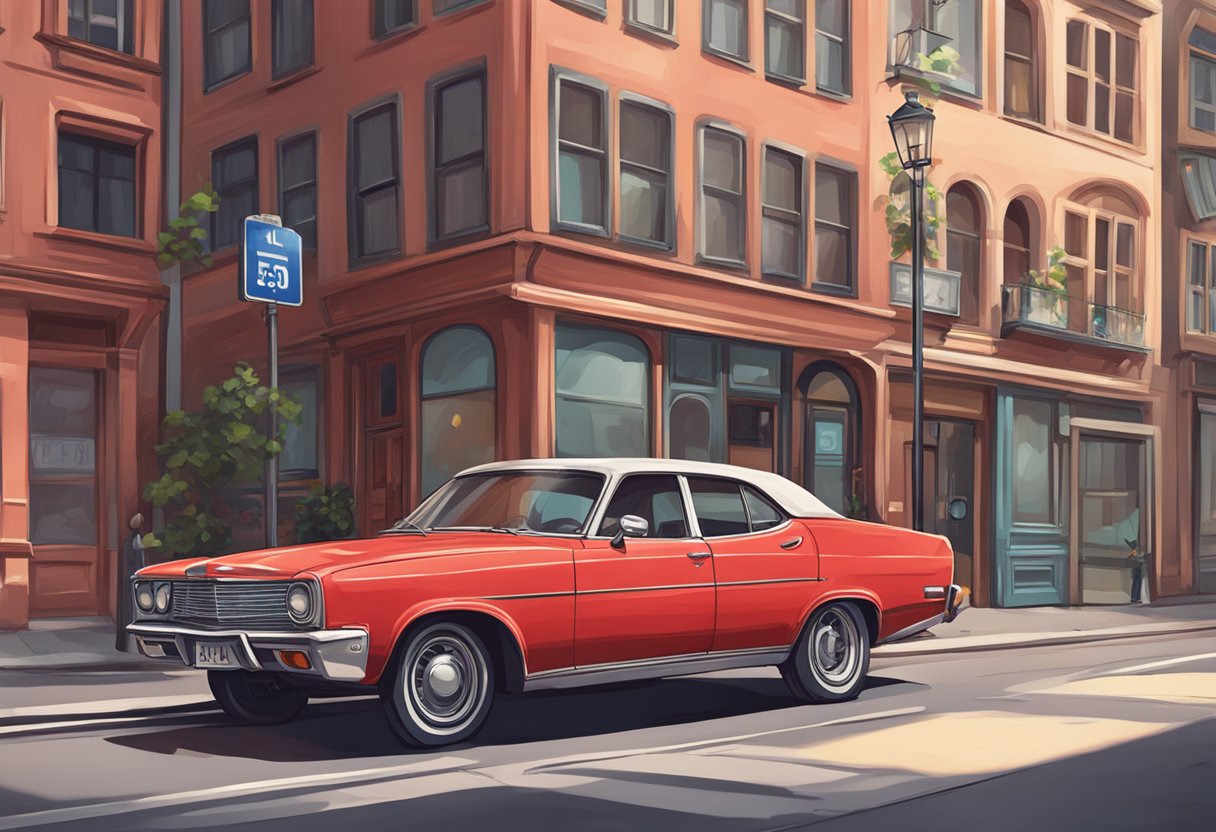 A red car with the license plate "LUP" parked in a city street