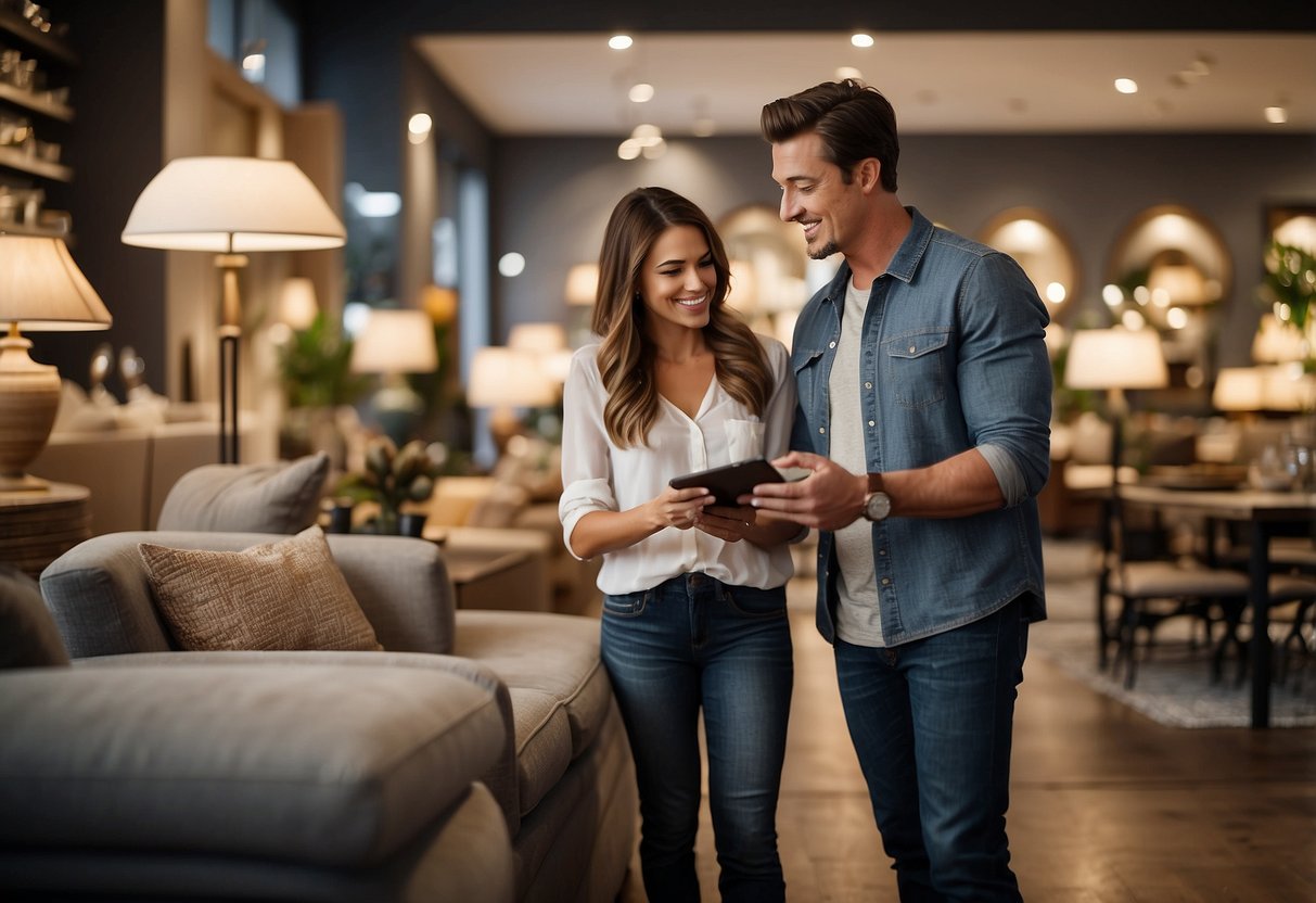 A couple browses through a furniture store, comparing prices and styles for their new house. They carefully consider their budget while envisioning their ideal home decor