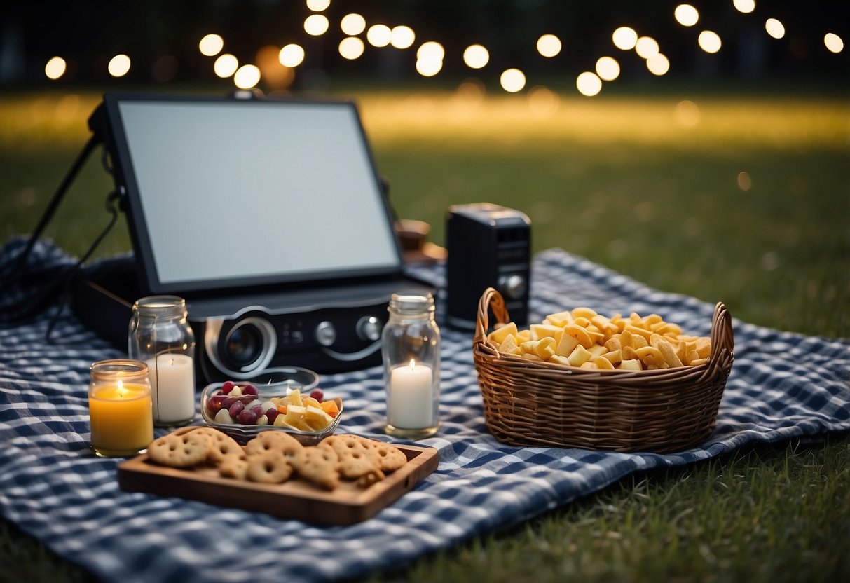 A checkered picnic blanket is spread out on the grass, surrounded by glowing lanterns and a basket filled with snacks. A projector screen is set up, ready for a movie night under the stars