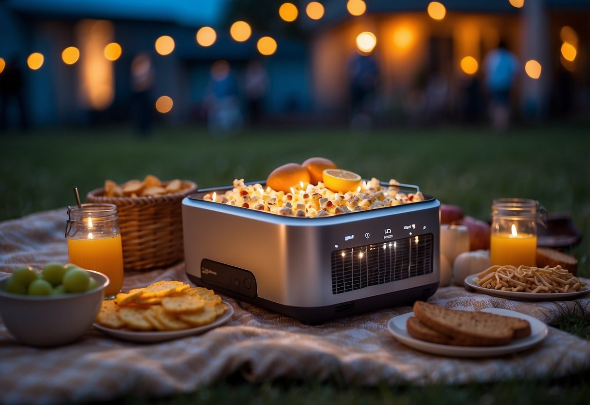 A cozy outdoor movie night with LED string lights illuminating a picnic blanket, surrounded by snacks, drinks, and a portable projector