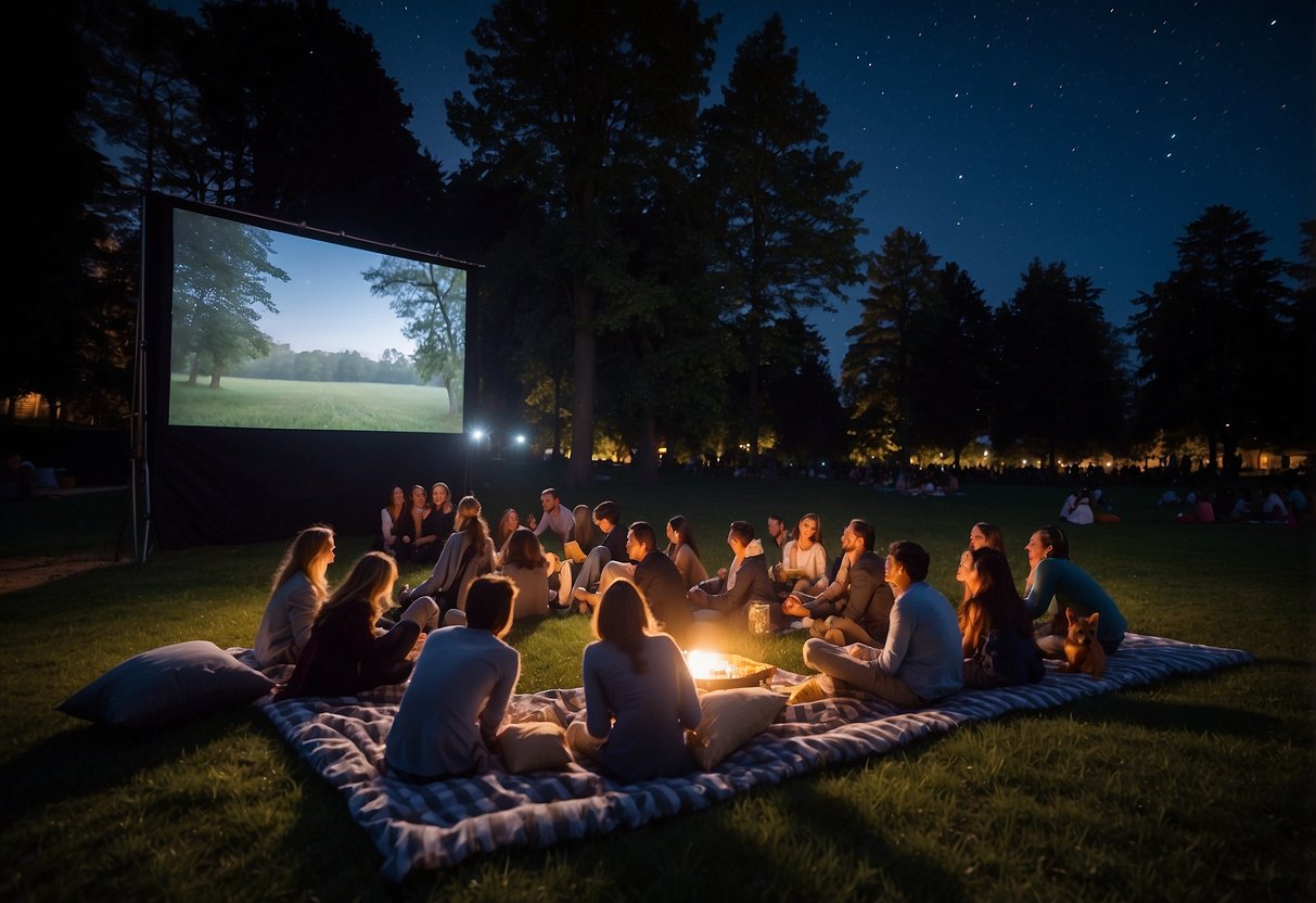 A large outdoor projector illuminates a grassy area, surrounded by picnic blankets and cushions. The screen displays a movie as people enjoy snacks and drinks under the starry night sky