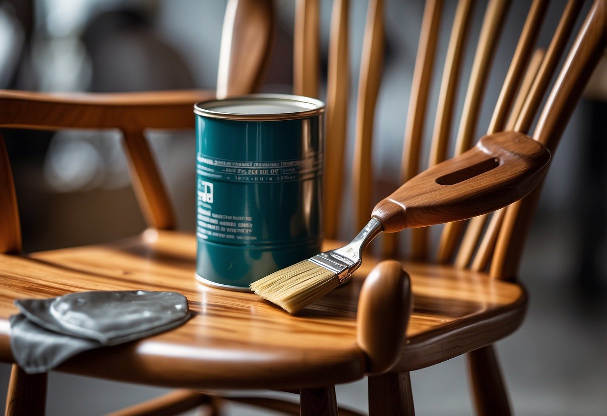 A wooden chair being coated with glossy epoxy paint, with a paintbrush and can of paint nearby