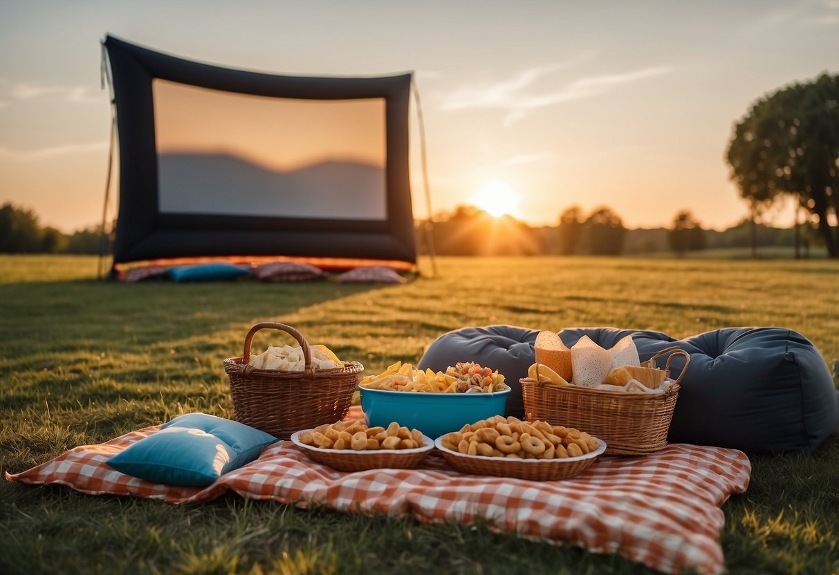 A large inflatable screen stands in a grassy outdoor area. Surrounding it are picnic blankets, cushions, and baskets filled with snacks. The sun is setting, casting a warm glow over the scene