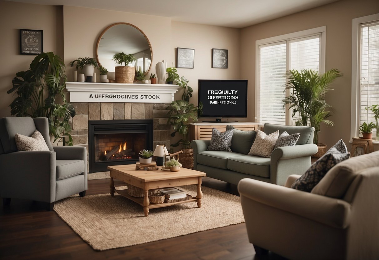 A room with a variety of furniture and appliances arranged neatly, with a sign that reads "Frequently Asked Questions" above them