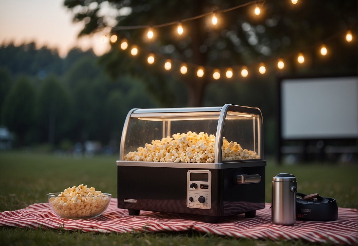 A popcorn machine sits on a picnic blanket surrounded by movie night essentials like blankets, pillows, and a portable projector. The outdoor setting includes trees and stars in the night sky