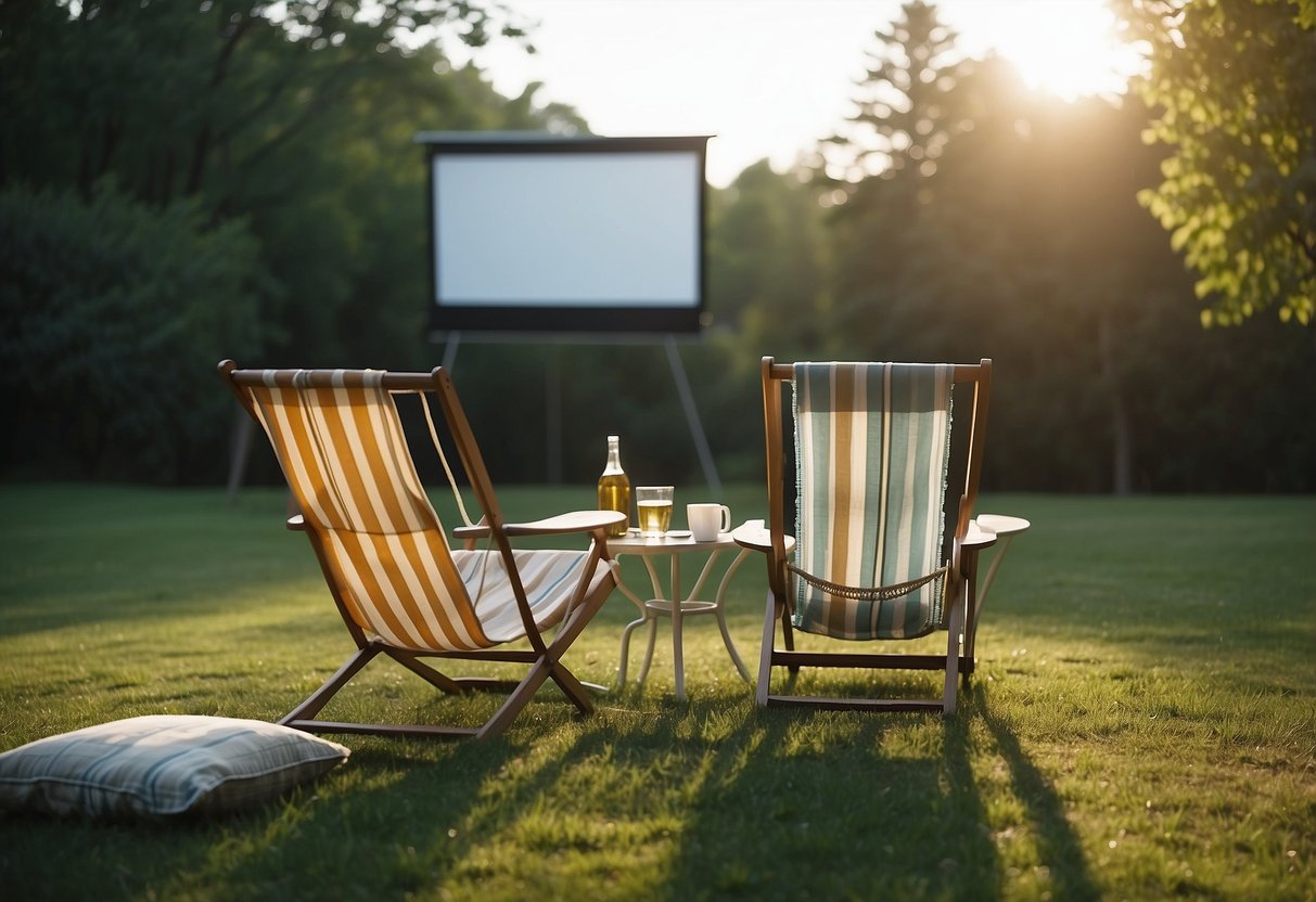 Two lawn chairs sit on a grassy lawn, surrounded by a cozy outdoor movie setup with a projector, blankets, and a picnic spread