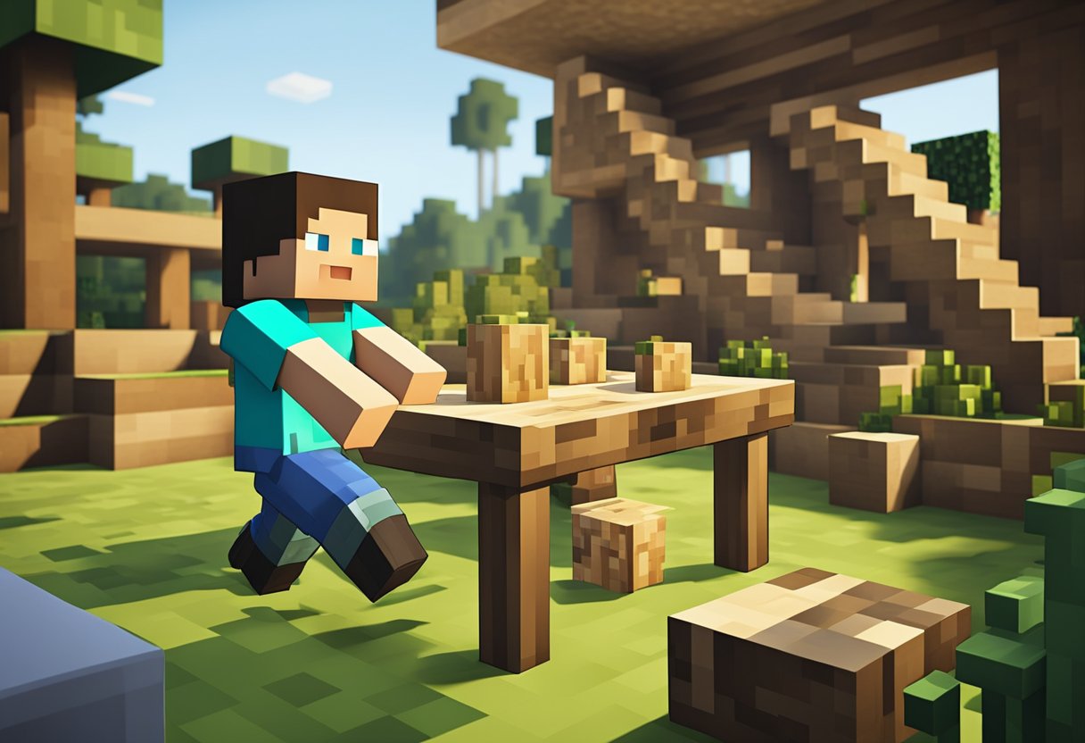 A character in Minecraft gathers wood, crafts planks, and assembles them to build furniture like a table or chair