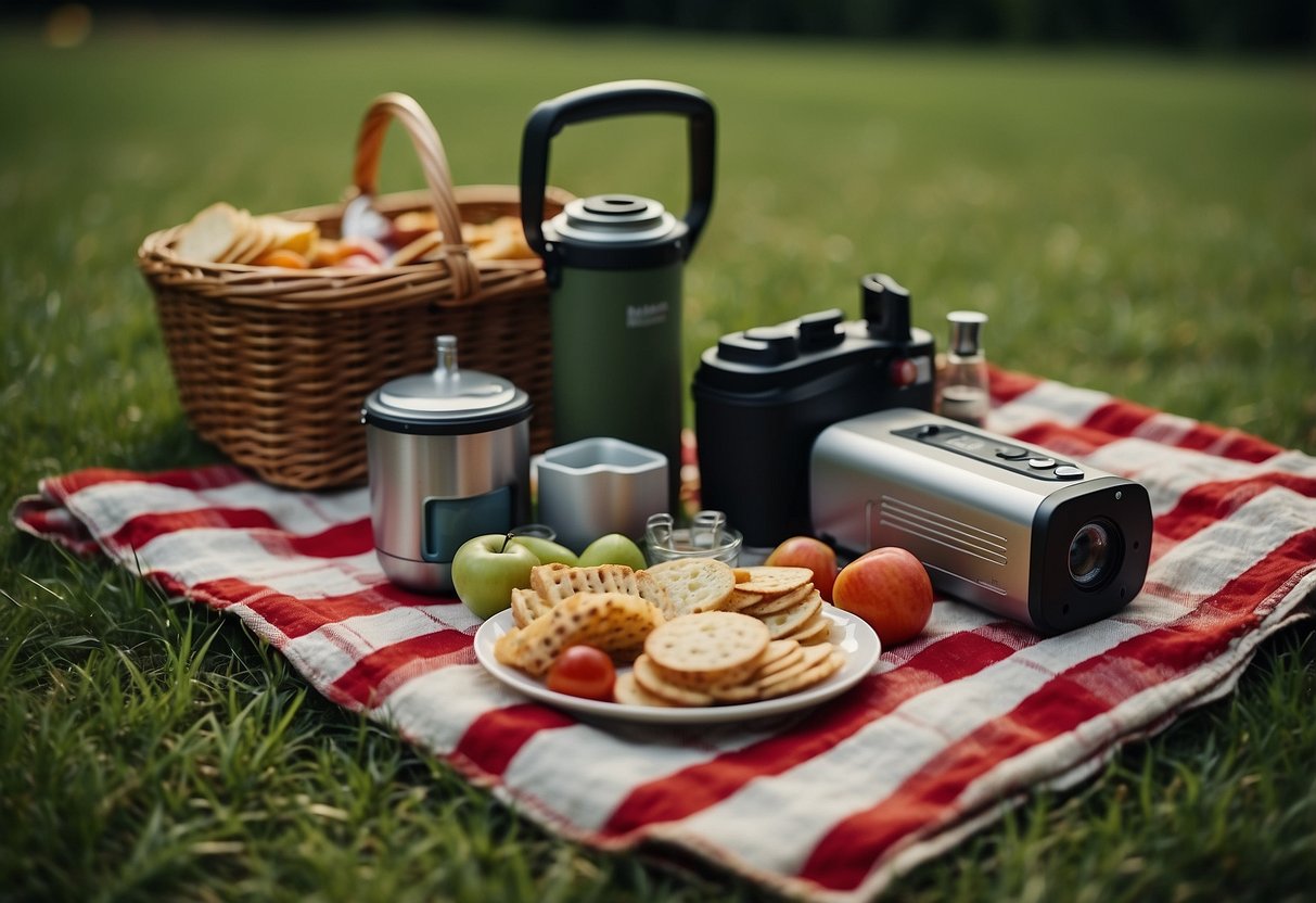 A picnic blanket spread out on lush green grass, with a reusable utensil set, a basket of snacks, and a portable projector for a movie night under the stars