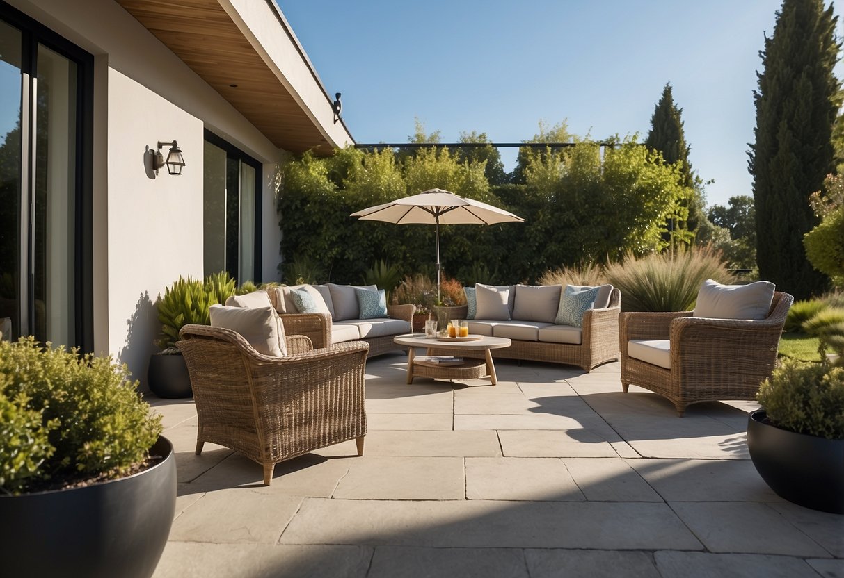 A sunny patio with modern outdoor furniture, surrounded by greenery and a clear blue sky