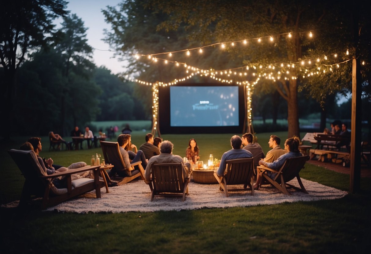 A cozy outdoor movie night with blankets, pillows, and a picnic spread under twinkling string lights. A large screen is set up against a backdrop of trees, with families and friends gathered around enjoying the film