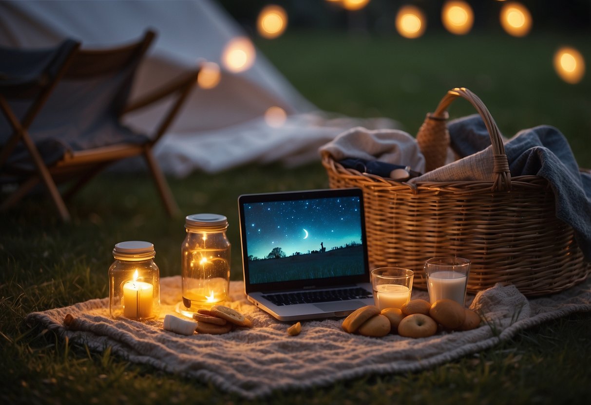 A cozy blanket spread out on the grass, surrounded by glowing lanterns and a picnic basket filled with snacks and drinks. A portable projector and screen set up for a movie under the stars