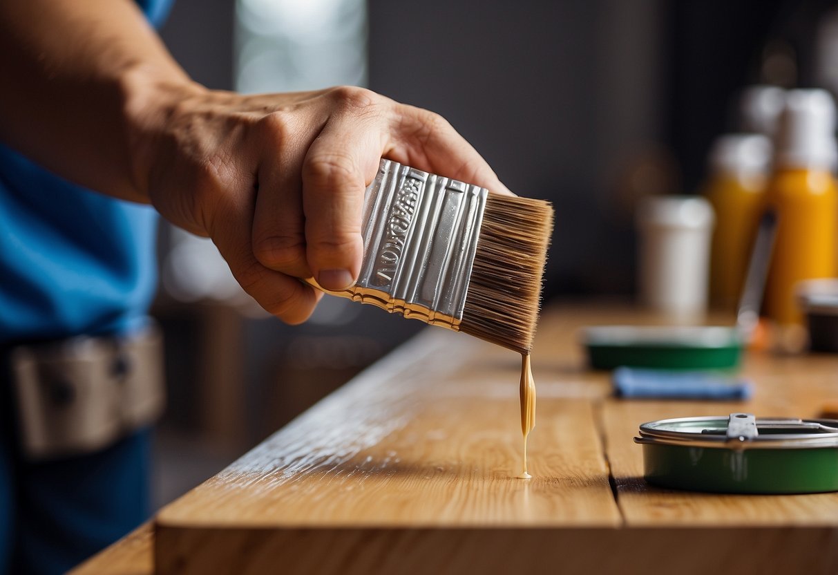 A hand holding a paintbrush applies epoxy paint to a wooden surface, creating a glossy and durable coating for furniture