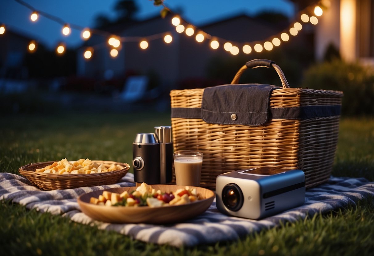 A cozy outdoor movie night picnic with string lights, blankets, pillows, a basket of snacks, and a portable projector set up on a grassy area under the stars