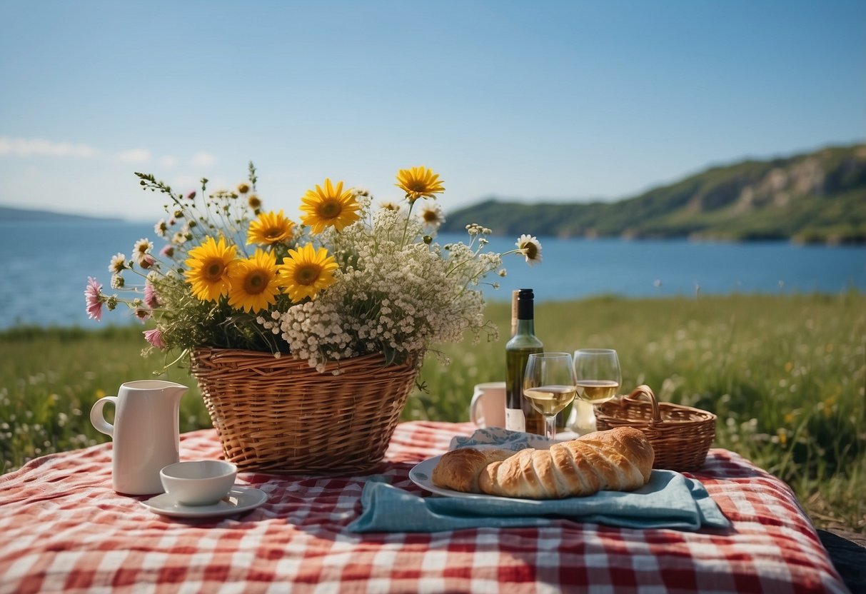 A boat on calm water, with a checkered picnic blanket spread out. A wicker basket filled with food, a bottle of wine, and a bouquet of wildflowers. Seagulls flying overhead, and a clear blue sky