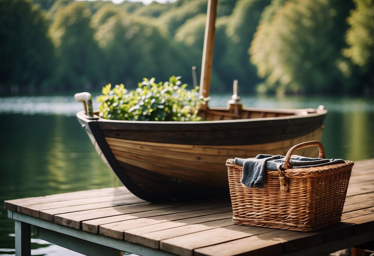 A sturdy boat sits on calm waters, surrounded by lush greenery. A picnic basket, blanket, and cooler are neatly arranged on the deck, ready for a day of relaxation on the water