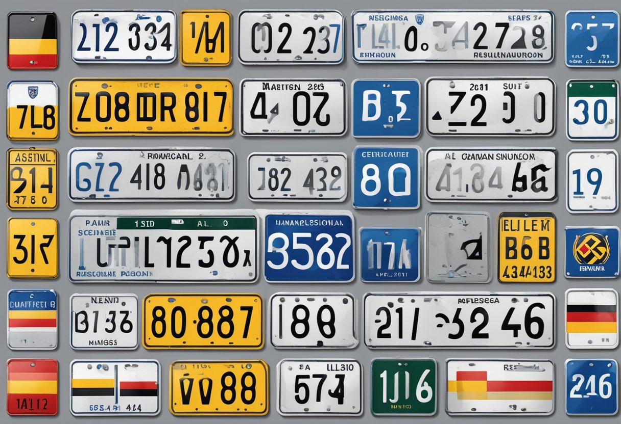 A row of German car license plates, displaying the alphanumeric code and regional emblem, arranged on a wall or street