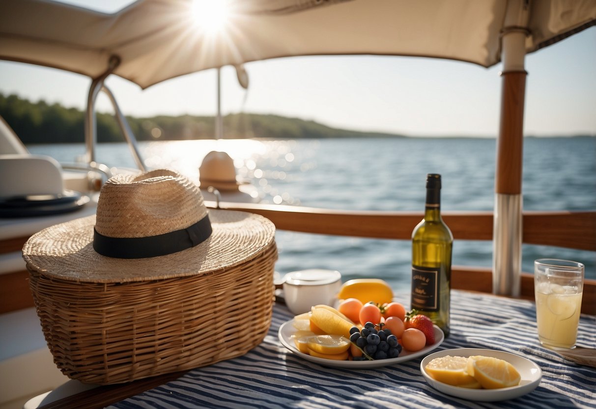 A picnic basket, sunscreen, and hats sit on the deck of a boat. A light breeze ruffles the tablecloth as the sun shines overhead