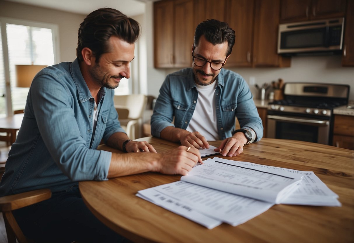 A couple sitting at a table, reviewing a budget spreadsheet with furniture options for their new house