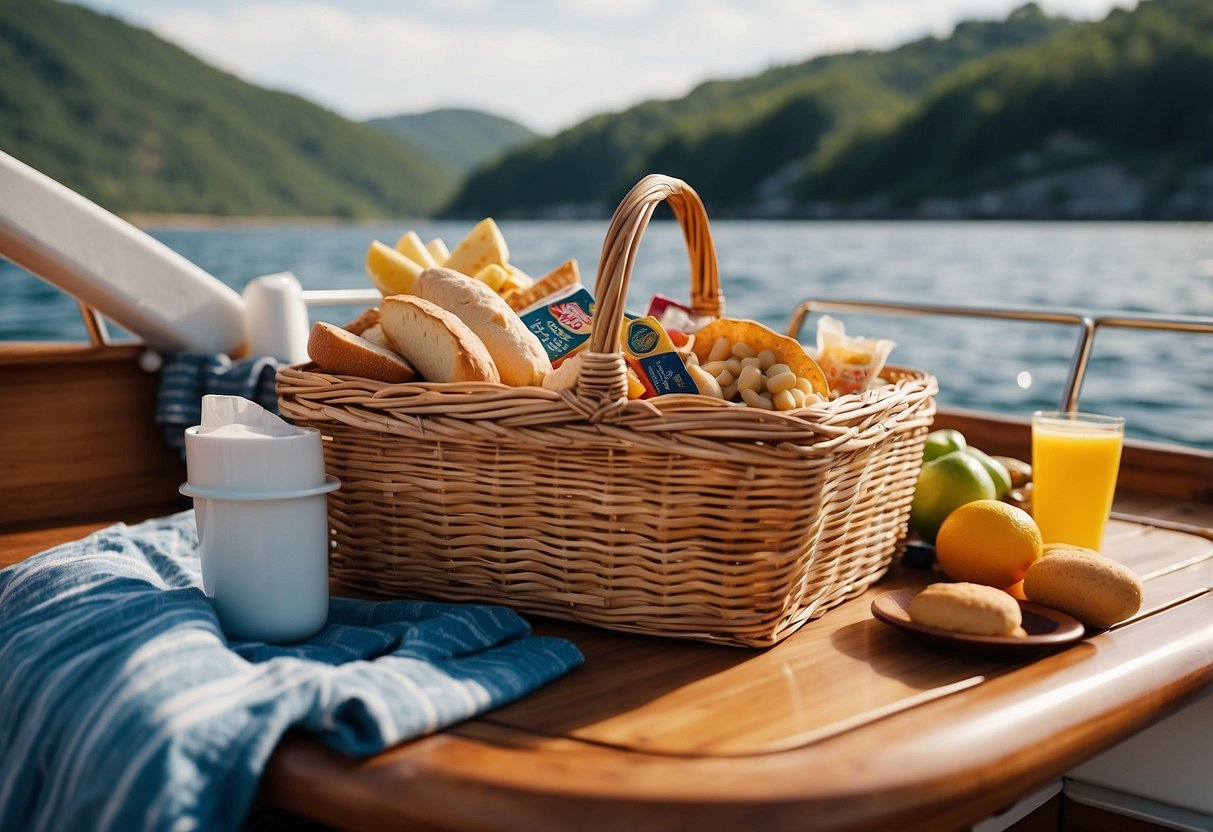 A picnic basket filled with non-perishable snacks sits on the deck of a boat, surrounded by nautical-themed decor and a scenic view of the water