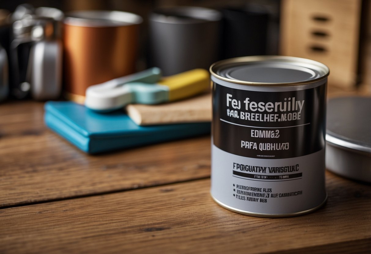 A can of epoxy paint sits on a wooden table surrounded by various furniture pieces. A label reads "Frequently Asked Questions" with instructions and warnings