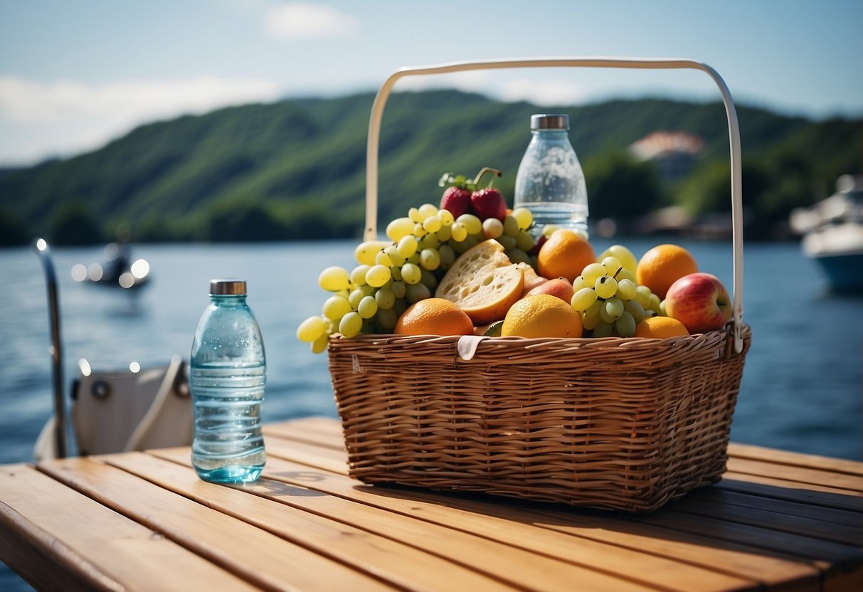 A picnic basket with water bottles, fruit, and sandwiches on a boat deck with a view of the water and a clear sky