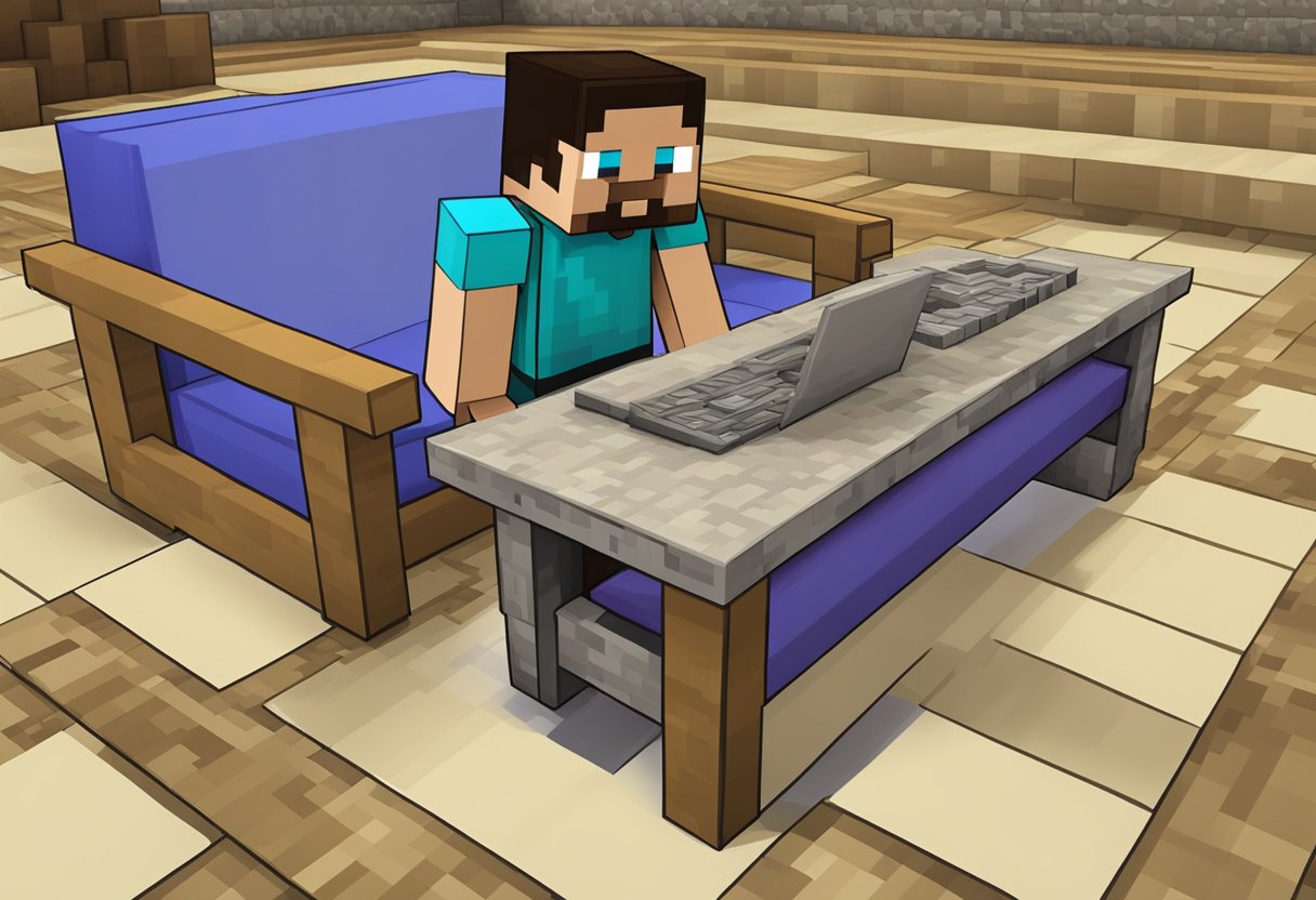 A character places blocks to create a table and chair, following a guide on "Getting Started with Furniture Building: how to build furniture in Minecraft."