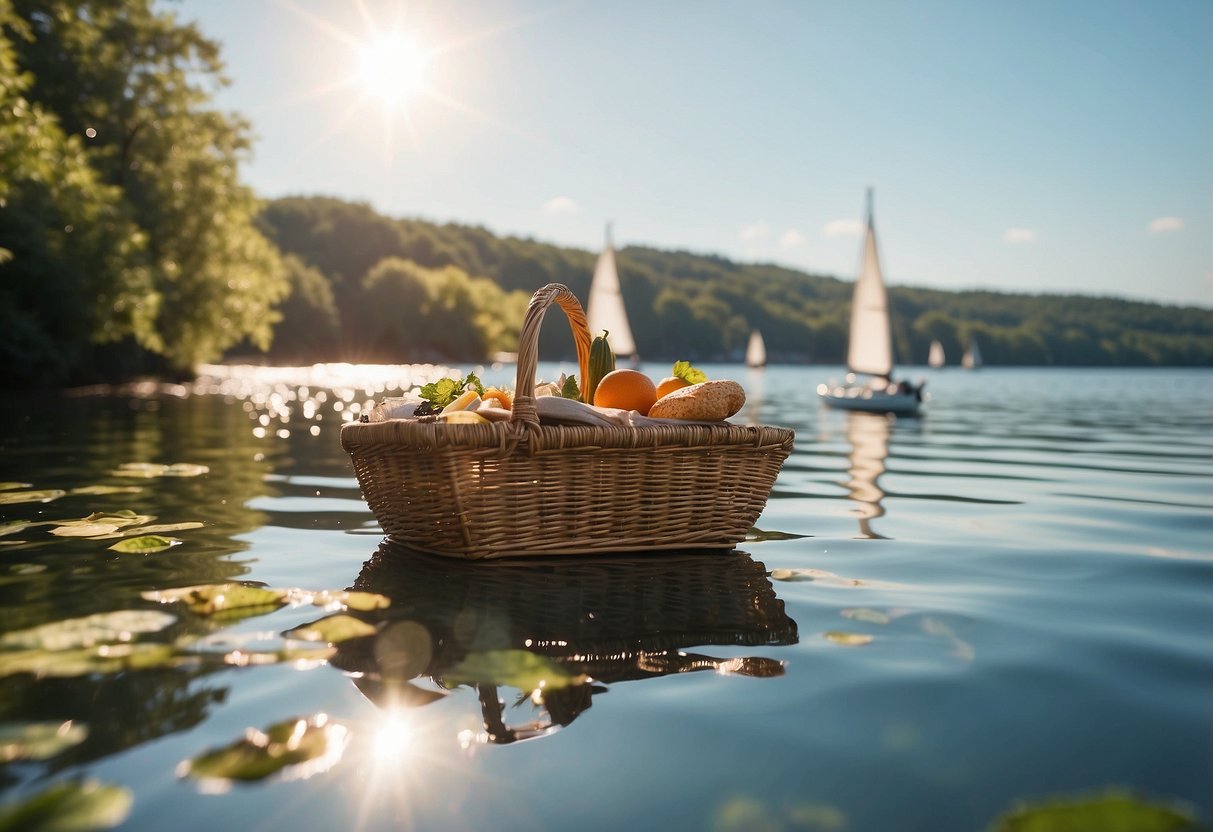 A boat on calm water, with a picnic basket filled with eco-friendly products. The sun is shining, and there are seagulls flying in the sky