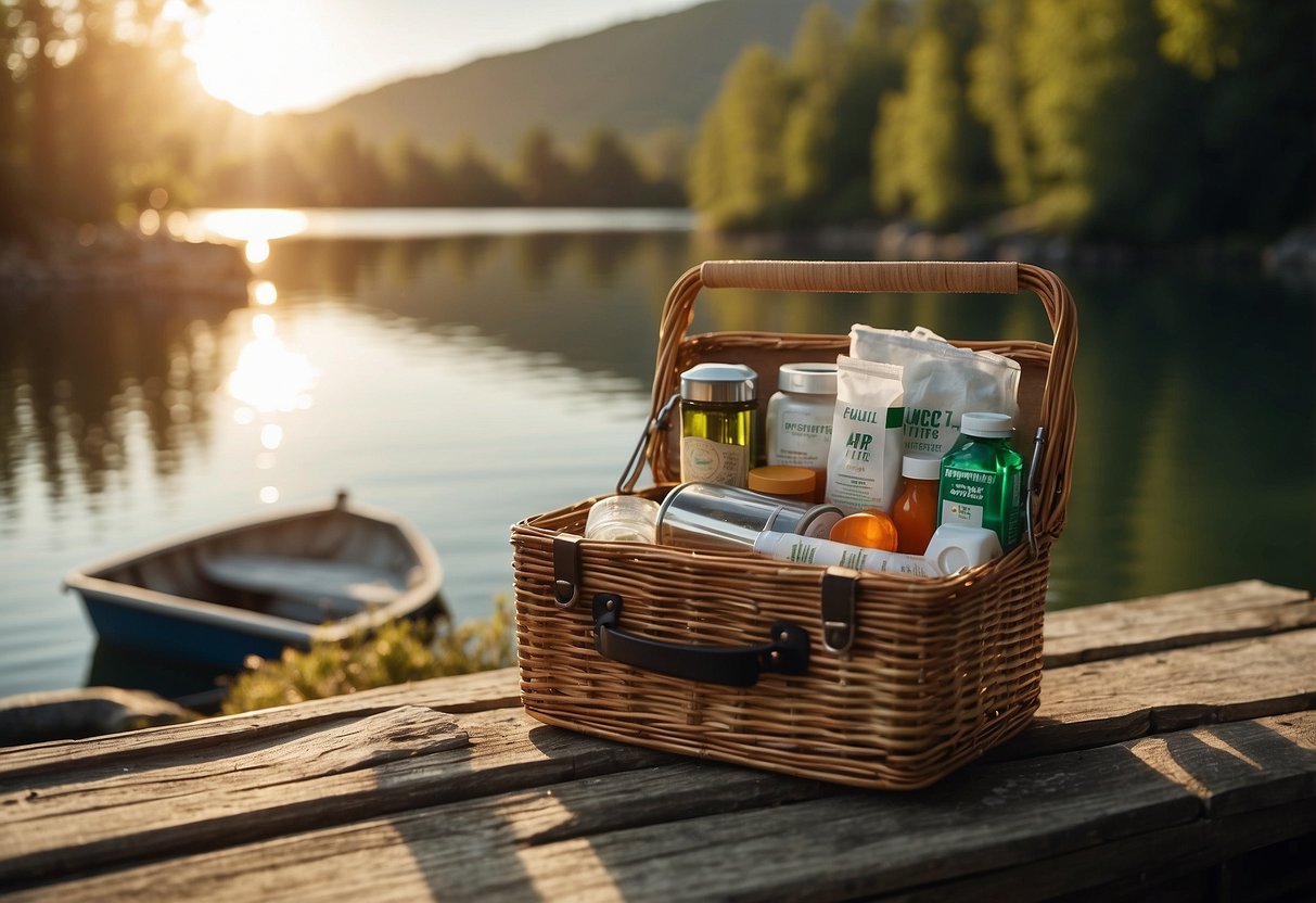 A First Aid Kit sits on a boat next to a picnic basket. The sun shines on the water as the boat gently rocks. Seven tips for a picnic on a boat are written on a nearby sign