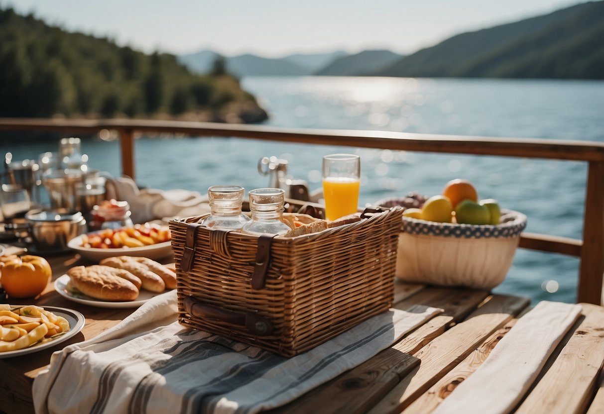 A boat deck with a picnic spread out, surrounded by water and scenic views. A cooler, picnic basket, and various fun activities like games and books are visible