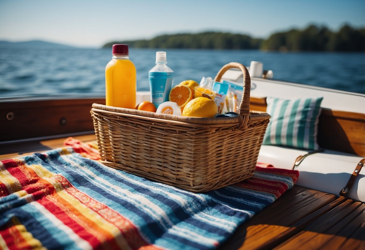 A picnic basket, cooler, and sunscreen sit on the deck of a boat. A colorful blanket is spread out, with a view of the water and a clear blue sky in the background