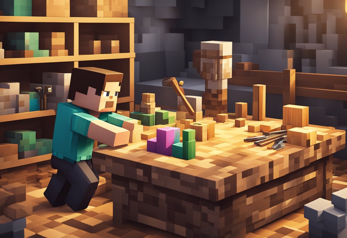 A character in Minecraft placing blocks in a crafting table to create a detailed piece of furniture, surrounded by various tools and materials