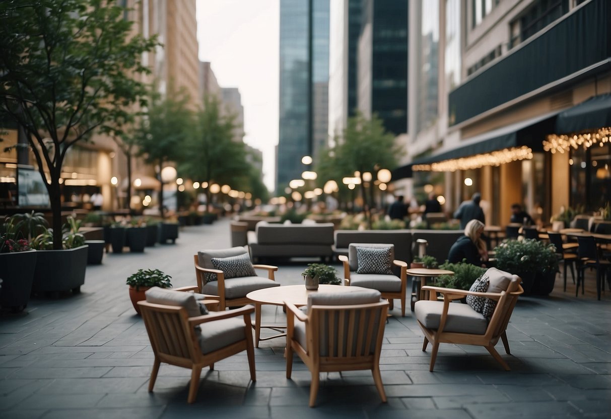 A bustling boulevard with modern outdoor furniture, surrounded by urban buildings