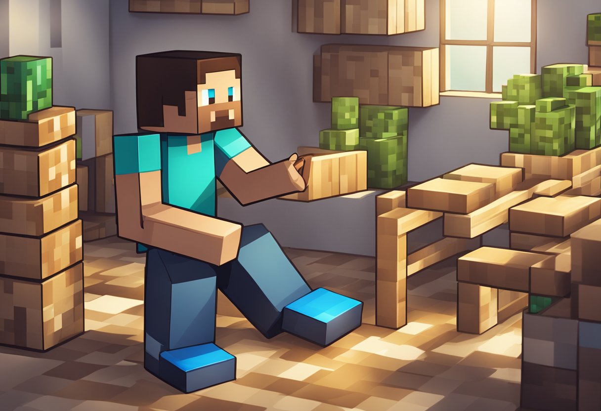 A character in Minecraft placing blocks to build furniture while referring to a FAQ guide