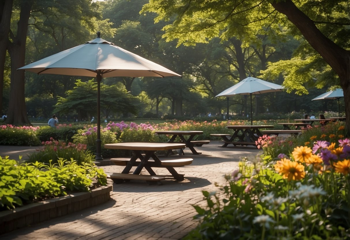 Lush flower gardens surround picnic areas at Brooklyn Botanic Garden, New York. Vibrant colors and serene atmosphere create perfect spots for relaxation and enjoyment