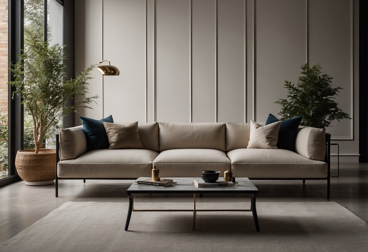 A sleek, modern sofa sits in a minimalist living room, surrounded by elegant Italian furniture pieces. Clean lines and luxurious materials define the space