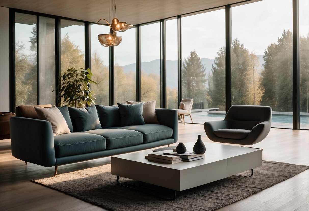 A modern living room with sleek Italian furniture, clean lines, and minimalist decor. A large window lets in natural light, highlighting the elegant design
