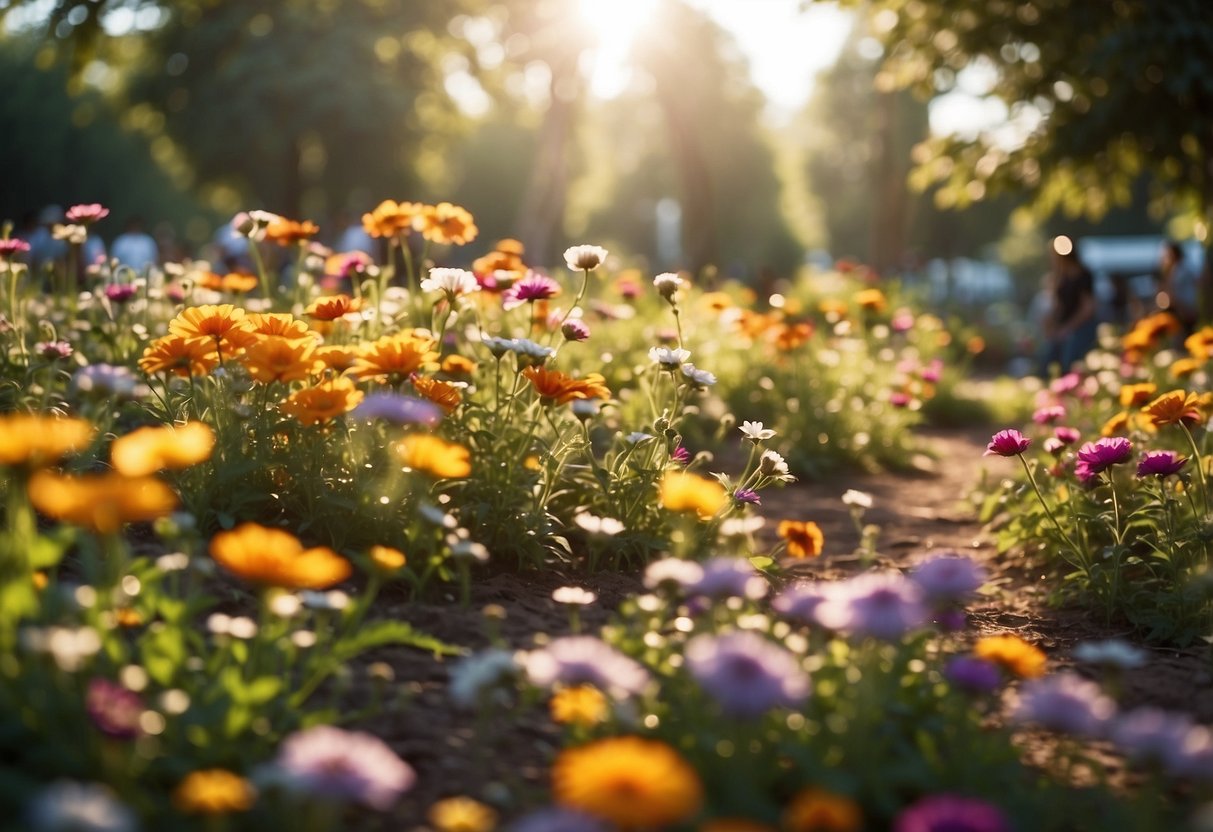 Vibrant flower gardens in full bloom, surrounded by lush greenery. Sunlight filters through the colorful petals, creating a picturesque setting for a picnic