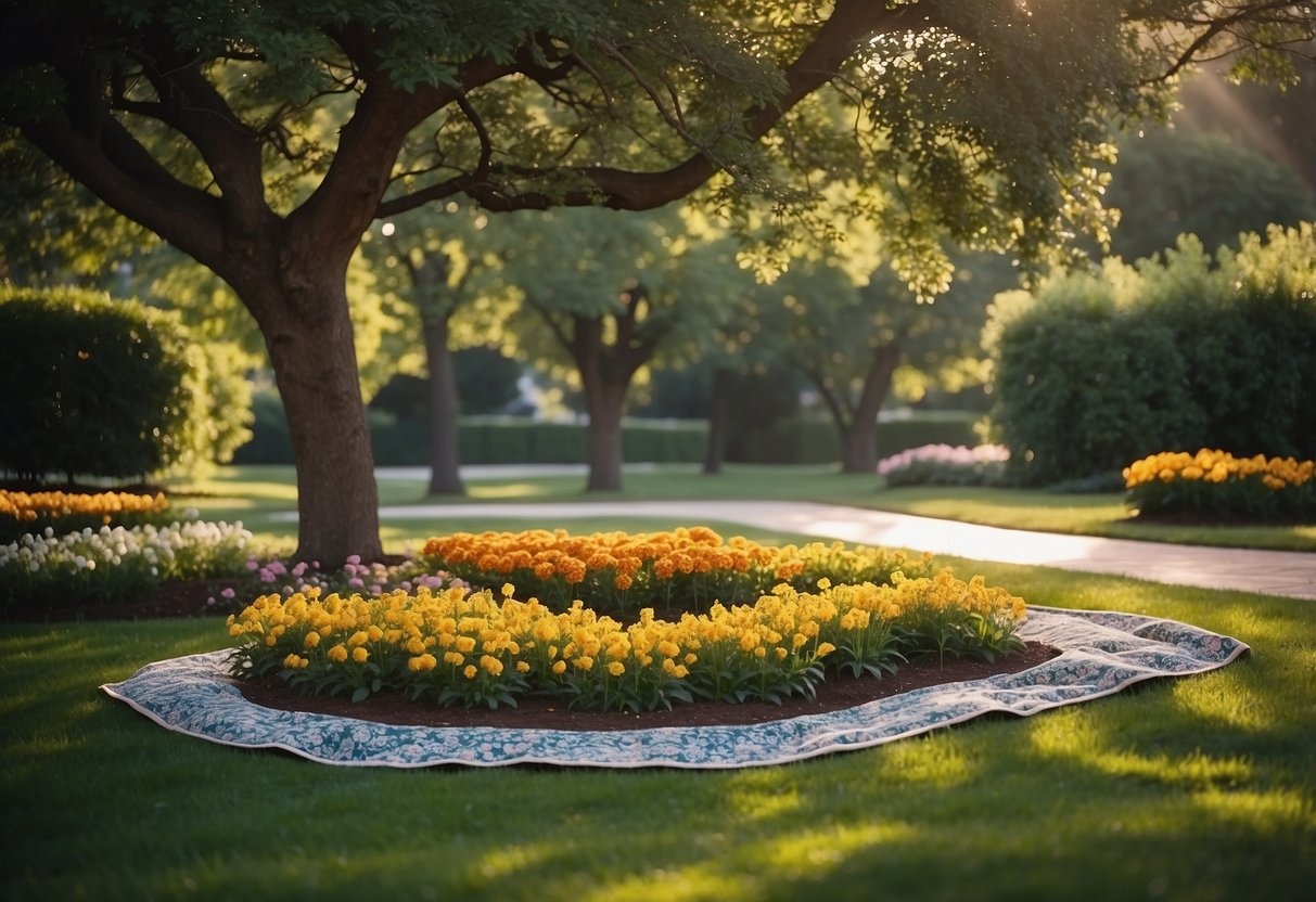 A lush flower garden with neatly manicured beds and a variety of colorful blooms. A picnic blanket is spread out under a large shade tree, surrounded by a peaceful and serene atmosphere