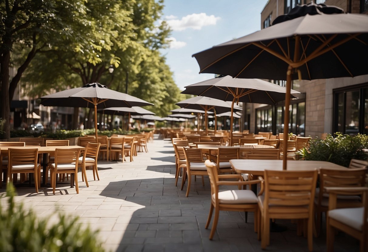 A sunny outdoor scene with a variety of Boulevard's furniture, including tables, chairs, and umbrellas, set up in a spacious and inviting display