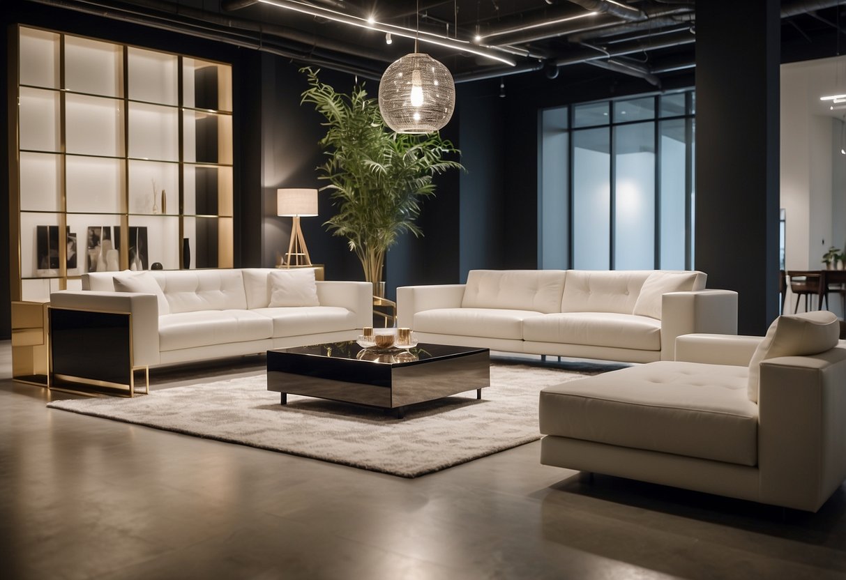 A sleek, modern Italian furniture showroom with minimalist designs and clean lines. Bright lighting highlights the elegant pieces on display
