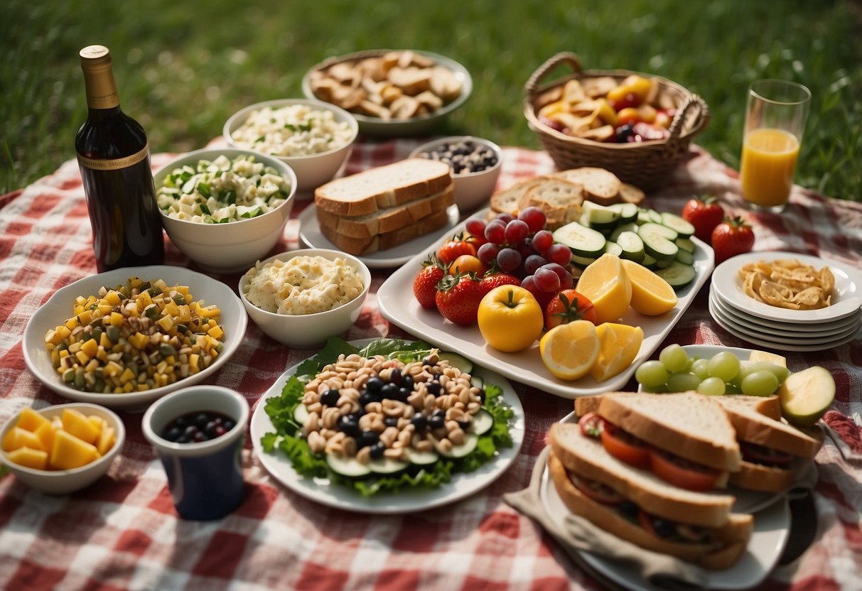 A colorful picnic spread with a variety of vegan dishes on a checkered blanket, surrounded by nature. The dishes include salads, sandwiches, fruits, and dips