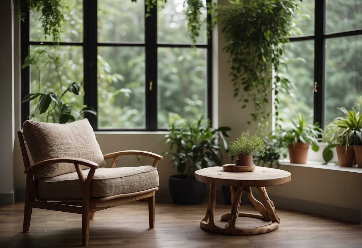 A cozy living room with a rustic vine chair and table, surrounded by lush greenery and soft natural light