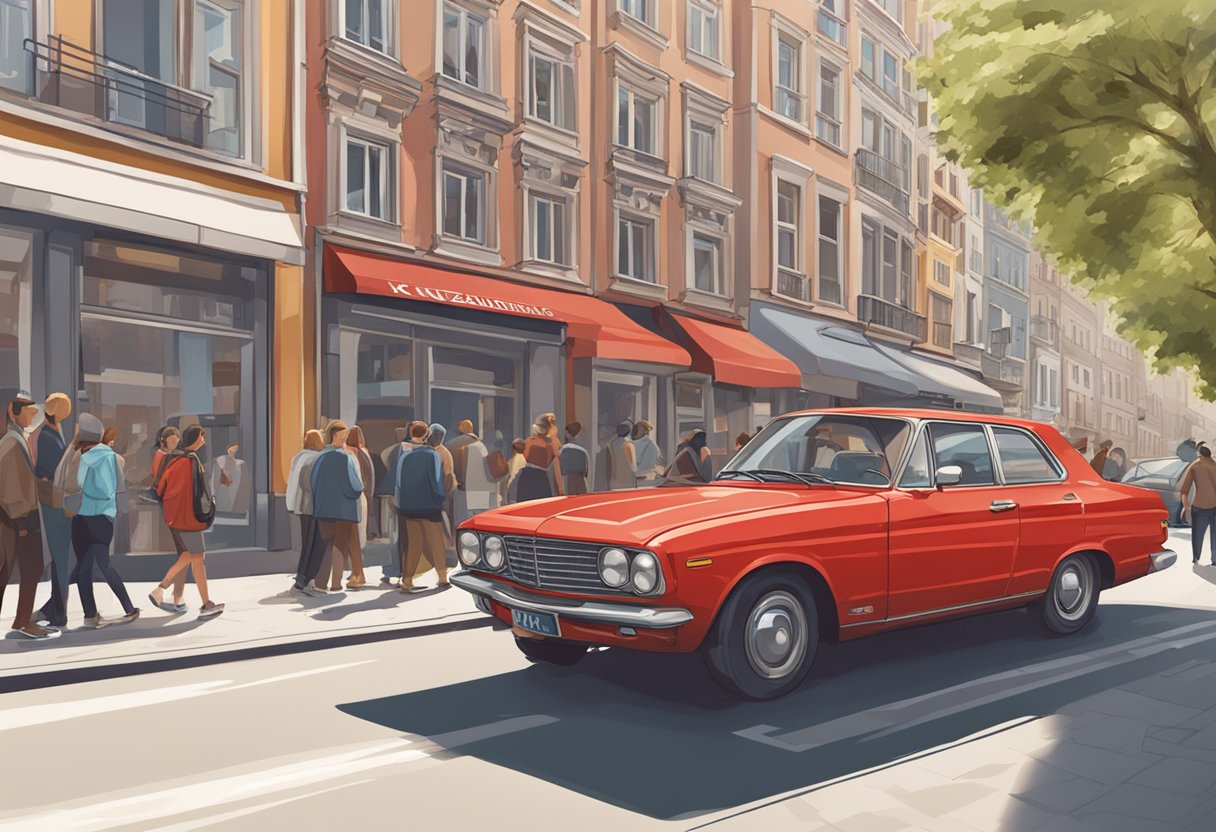 A red car with the license plate "kennzeichen nab" parked in a crowded city street