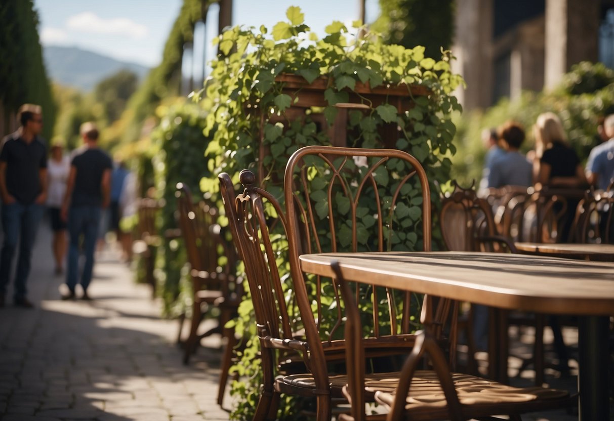 A vine-covered chair and table surrounded by curious onlookers