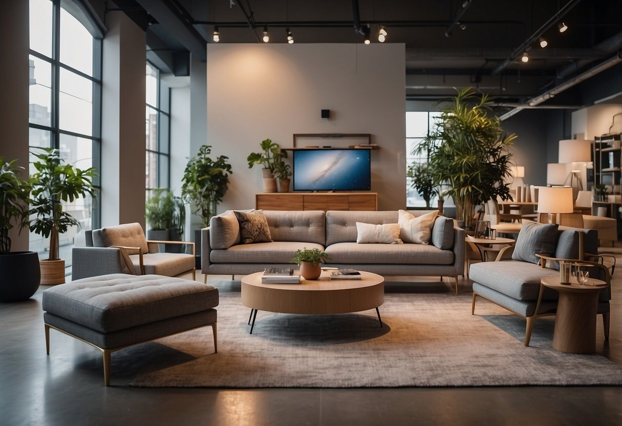 A spacious showroom displays modern, sleek furniture designs. A team of workers meticulously crafts high-quality pieces. The space exudes creativity and innovation
