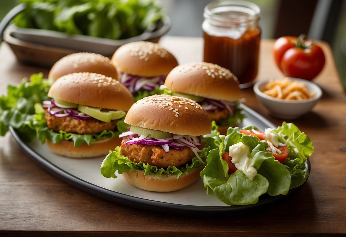 A platter of BBQ tofu sliders surrounded by fresh lettuce, ripe tomatoes, and golden-brown buns, with a side of colorful coleslaw and a jar of tangy barbecue sauce