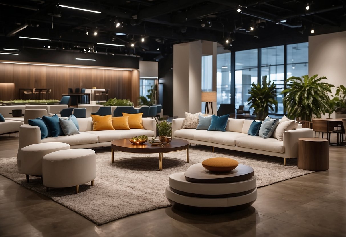 A spacious showroom displays modern, sleek hospitality furniture designs. Clean lines and comfortable seating arrangements invite guests to envision their own spaces
