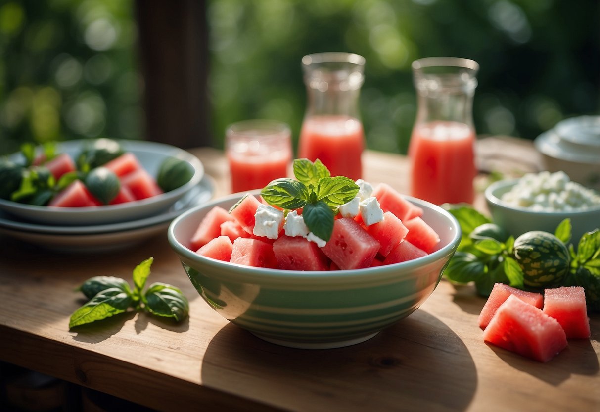 A colorful bowl of watermelon cubes, crumbled feta cheese, and fresh mint leaves, surrounded by a picnic spread of vegan dishes